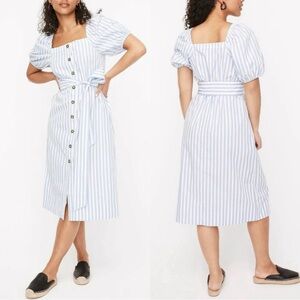 J. Crew Blue White Striped Cottage Midi Dress NWT 2X Puff Sleeve Square Neck Y2K